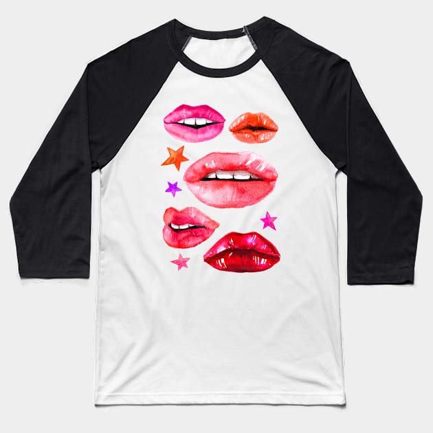 Watercolor lips and stars Baseball T-Shirt by fears